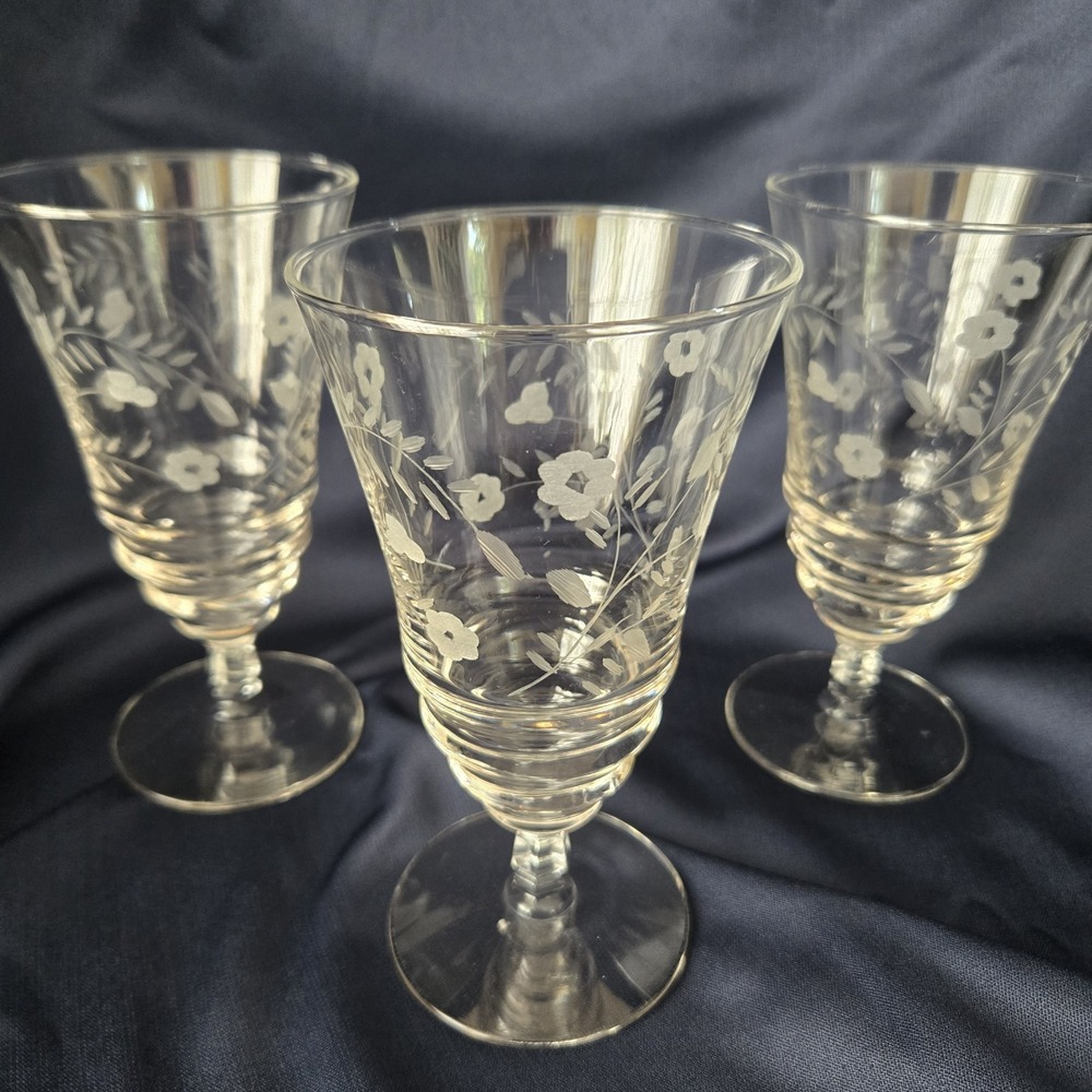 3 Libbey Halifax Rock Sharpe Drinking Tea Glasses Stemmed Etched Floral Design
